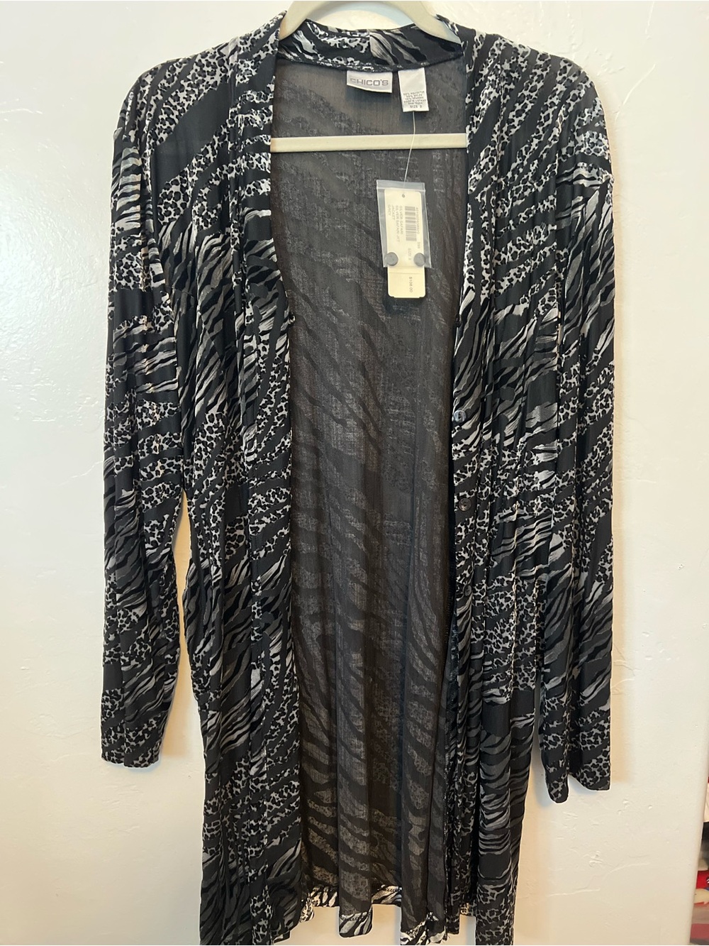 NWT Chico’s Longline Cardigan, sheer soft velvet zebra leopard print Size XL/3